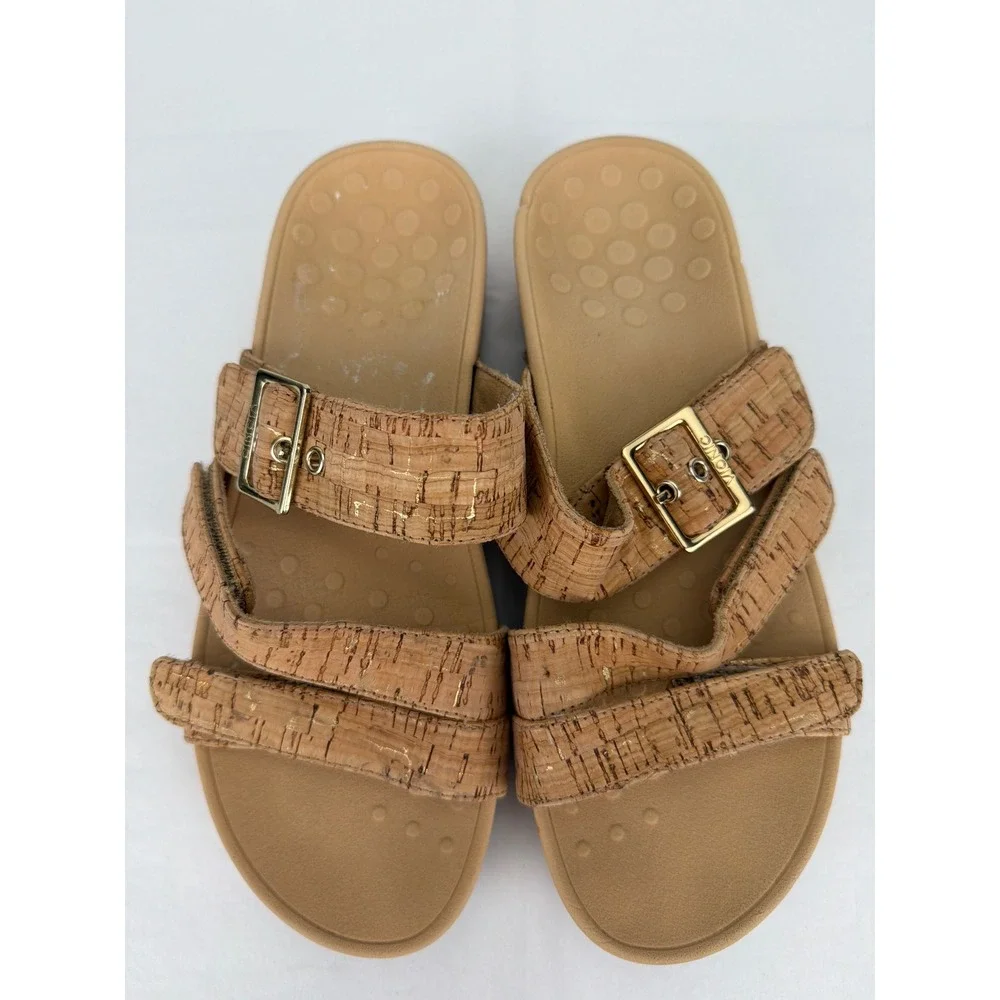 Vionic Rio Platform Sandals Women 8 Tan Cork Gold Buckle Orthotic Comfort Boho